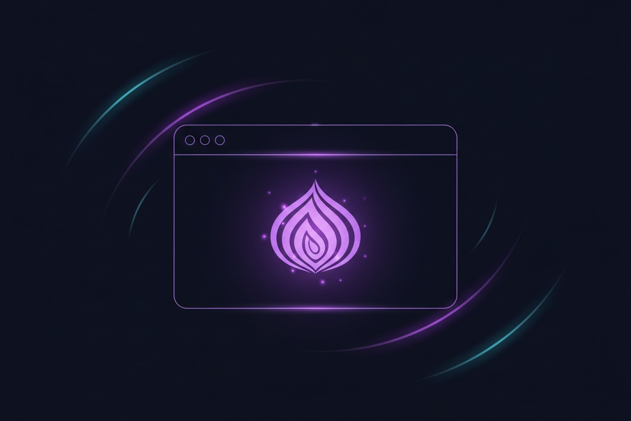 Illustration of a web browser window with a glowing onion icon representing the Tor Browser
