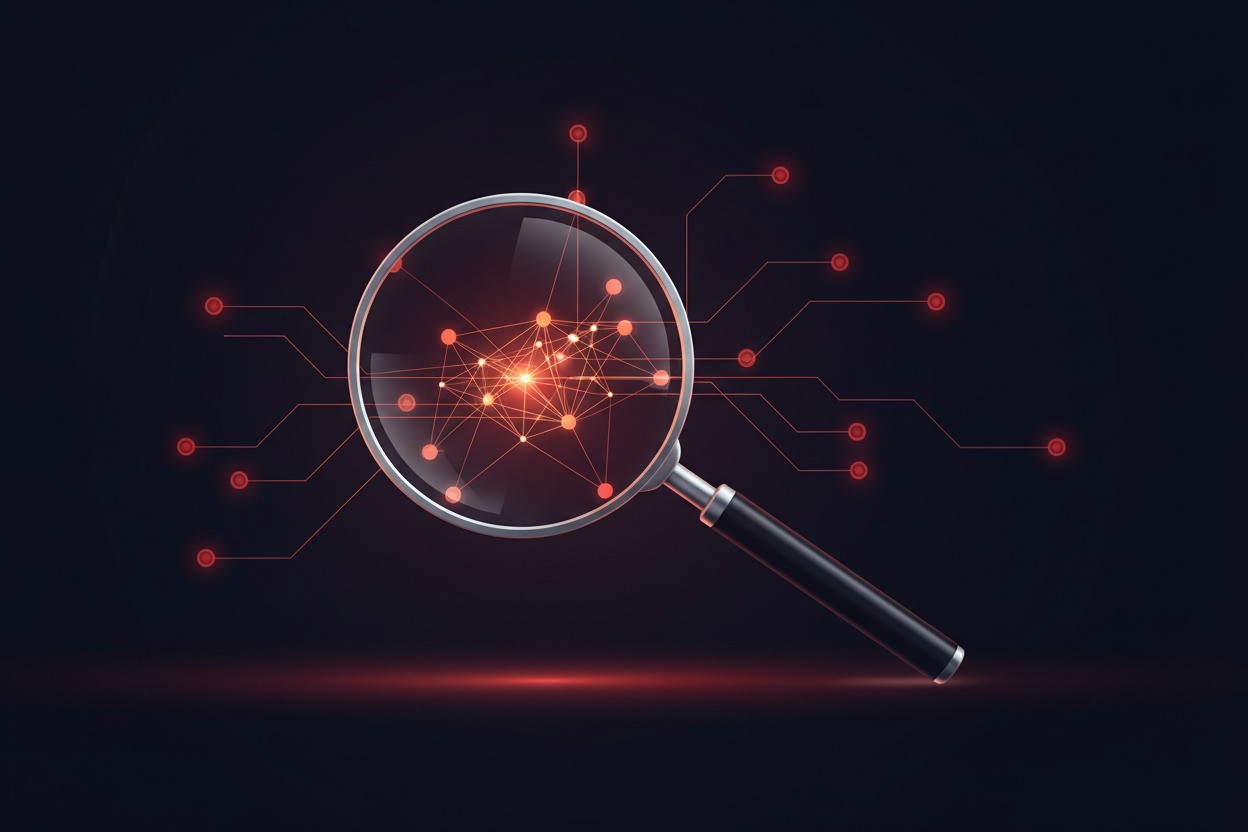 Magnifying glass over a glowing network, illustrating how law enforcement tracks dark web users