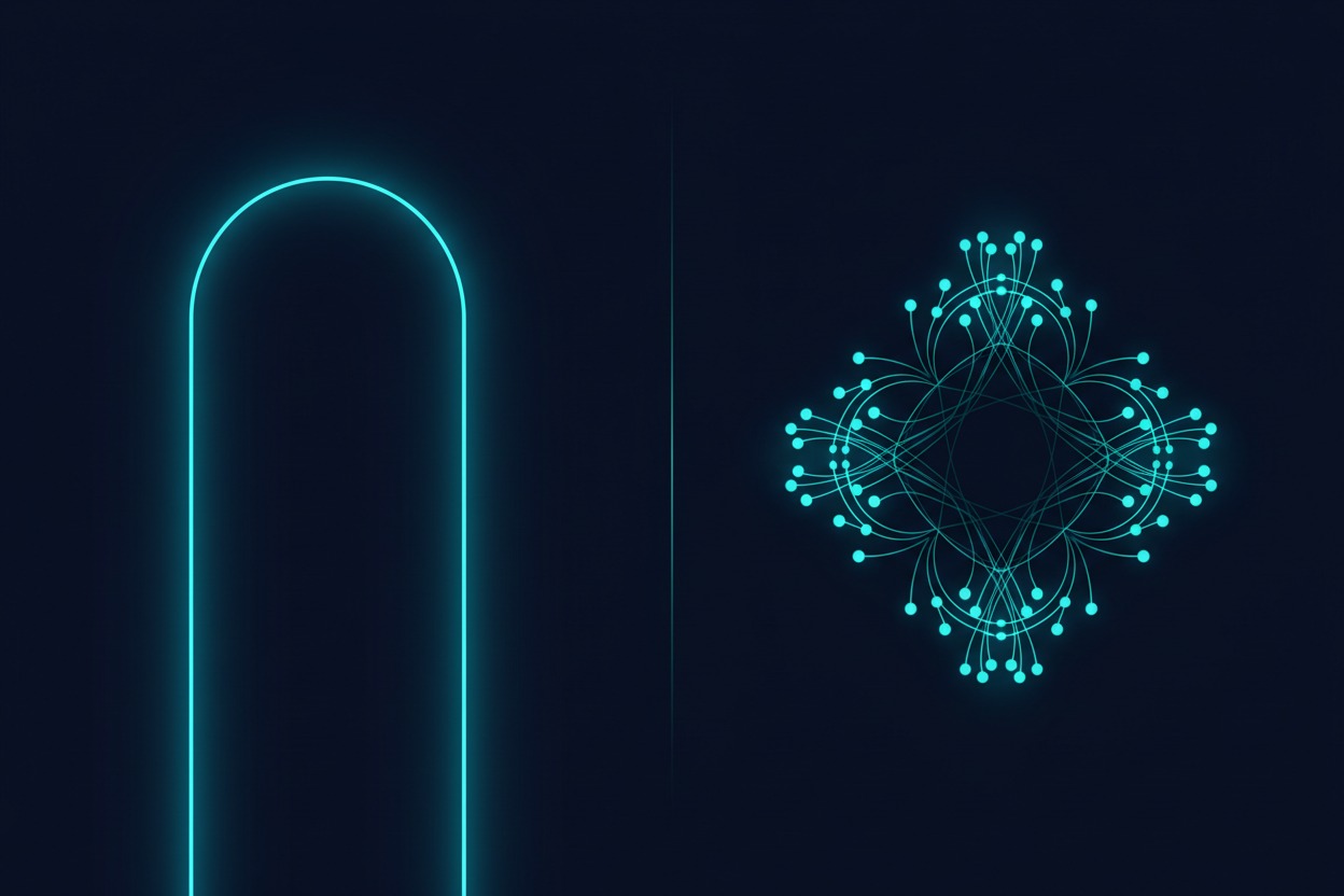 Glowing tunnel and branching node network illustrating the difference between VPN and Tor routing