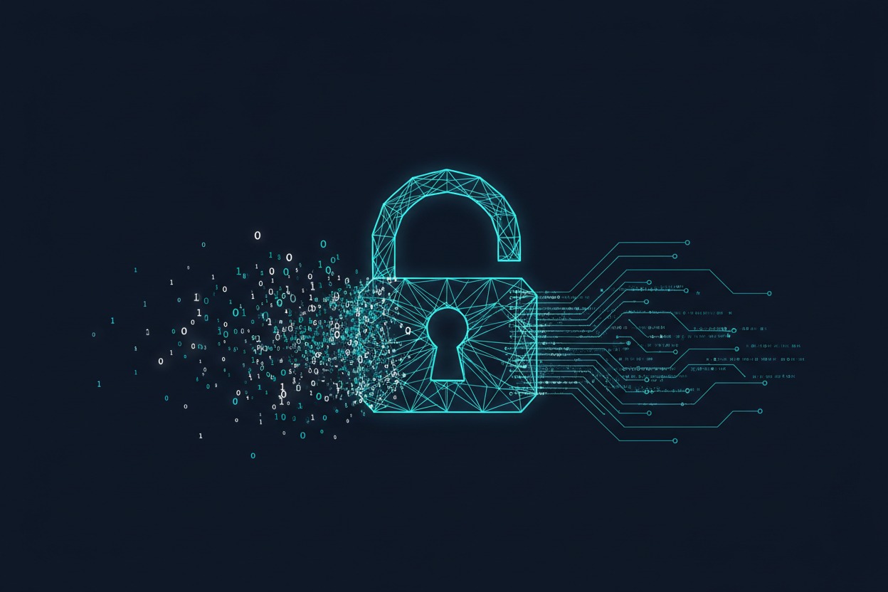 Glowing padlock made of geometric lines turning scrambled data into organized encrypted information